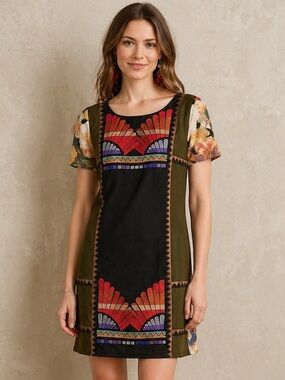 Anthro Ranna Gill Boho Embroidered Shift Dress Floral Graphic Statement